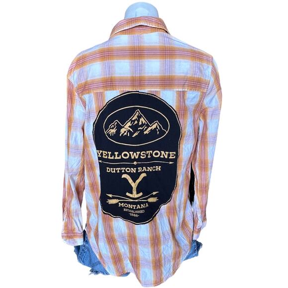 Yellowstone Dutton Ranch Plaid Western Shirt SMALL Oversize Upcycle Unique Gold - Picture 1 of 5